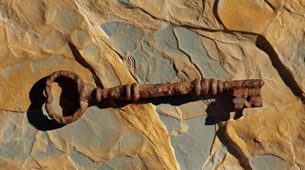 Rusty antique key on stone surface with textured details and shadow photo