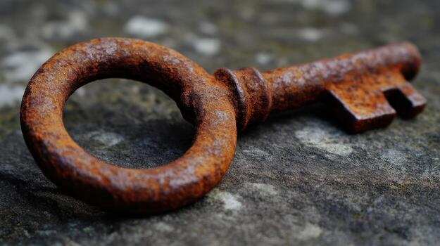 Close up of an old rusty key on a textured stone surface background photo