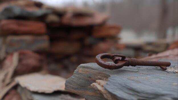 Rusty key on stone with brick background symbolizing access and security photo