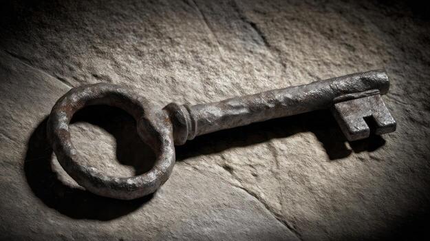 Antique key resting on a textured surface with dramatic lighting photo