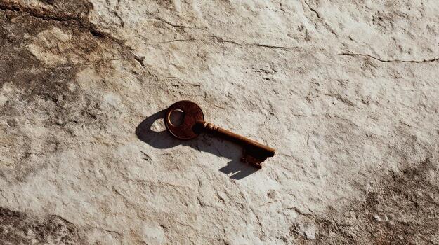 Old key on textured stone surface in overhead lighting photo