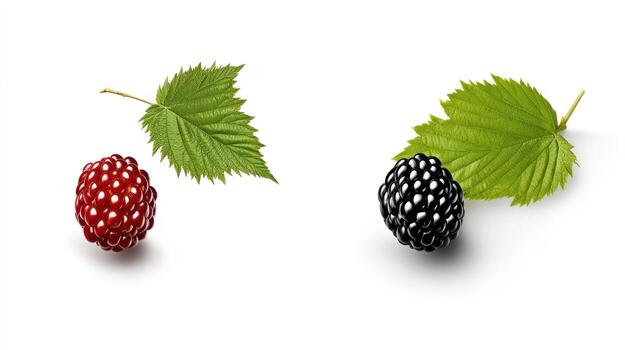 Close up of red raspberry and blackberry with green leaves isolated on white photo