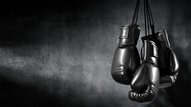 Black boxing gloves hanging against a grungy background with copy space photo