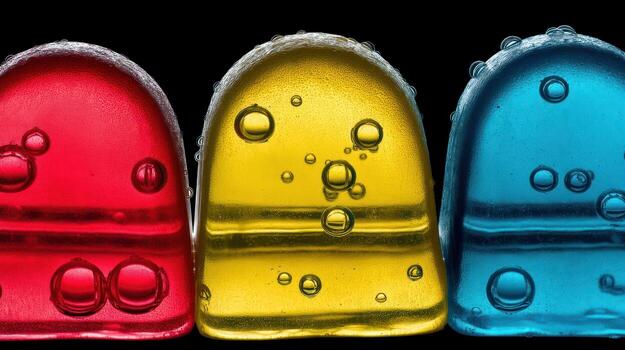 Close up of vibrant colorful candies with internal bubbles on black background photo