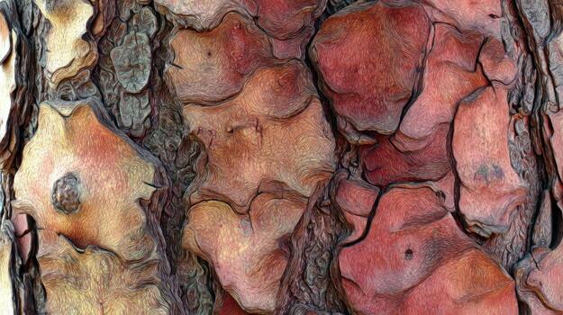 Detailed close up of tree bark textures in shades of red and brown photo