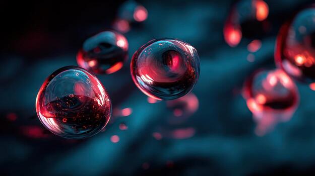 Abstract water droplets with reflective red and teal colors on dark background photo