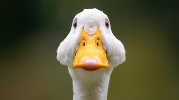 Close up of a white duck with bright yellow beak and curious expression photo