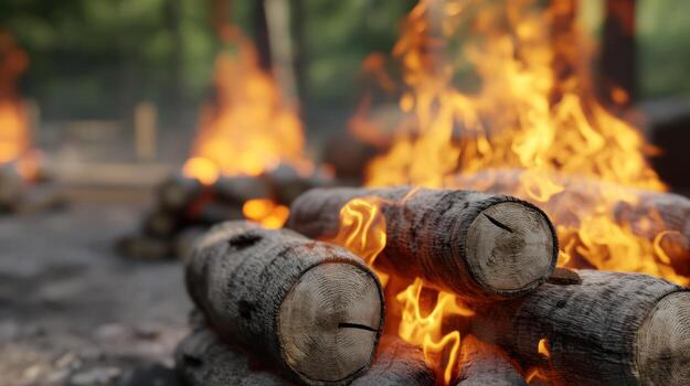 Burning logs with flames in outdoor setting for -s and -s photo