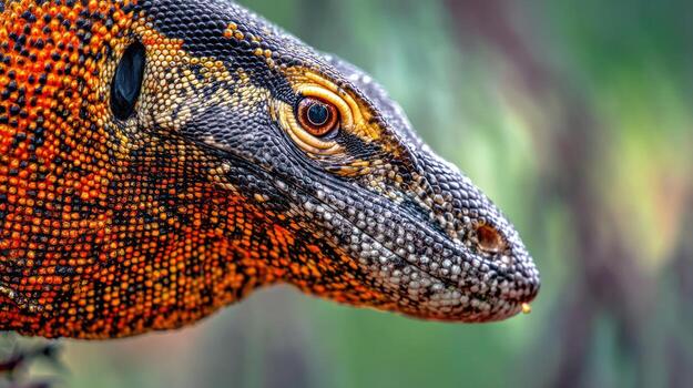 Close up of a reptile head with intricate patterns and vibrant colors photo