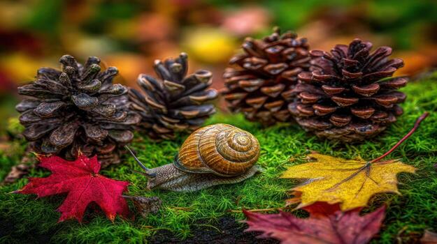 Snail crawling on moss with pine cones and fallen leaves photo