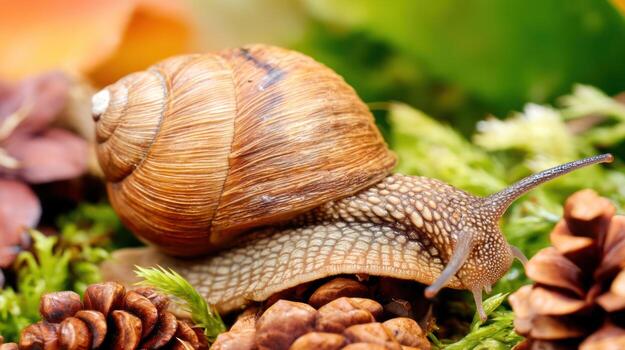 Close up view of a snail with a spiral shell resting on foliage and pinecones photo