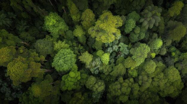 Aerial view of dense green forest canopy with varying tree shades photo