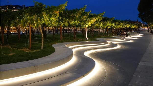 Illuminated pathway and trees at night landscape architecture - - photo