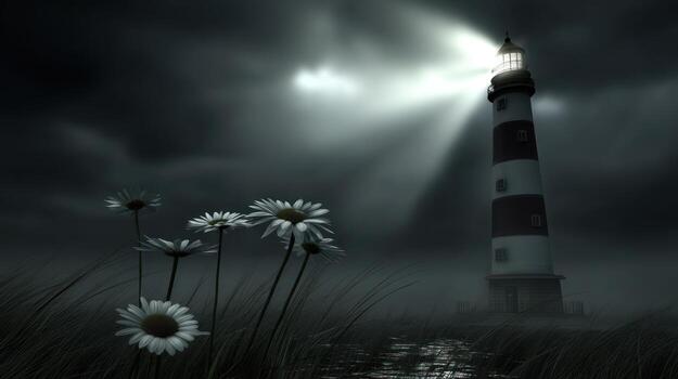 Lighthouse beams through dark clouds illuminated daisies in silhouette photo
