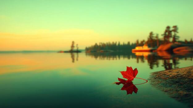 Red leaf floats on water reflecting tranquil lake landscape with blurred background photo