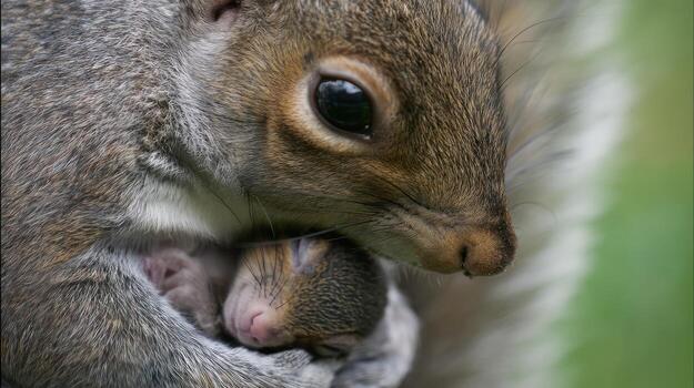 cerca arriba de un ardilla participación sus bebé en contra un suave antecedentes foto
