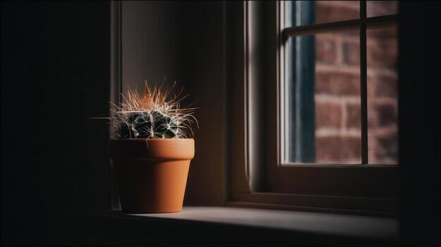 Cactus in a terracotta pot near a window with brick exterior visible photo