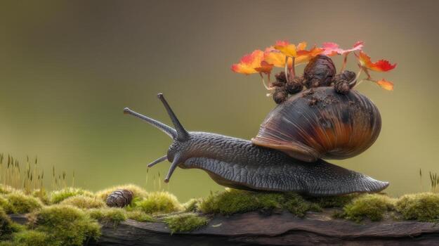 Snail with autumn leaves atop mossy surface against a blurred background photo