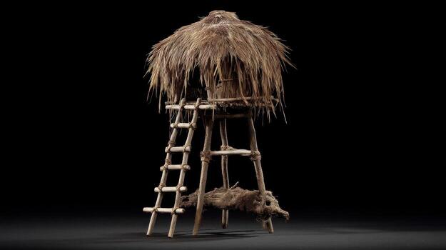 Wooden structure with thatched roof and ladder against black background photo