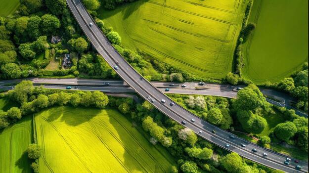 Aerial view of a highway winding through lush green fields and trees photo