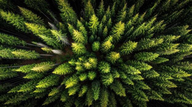 Aerial view of lush green forest canopy with bright sunlight - photo