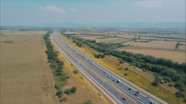 Aerial view of highway stretching through fields under a bright sky photo