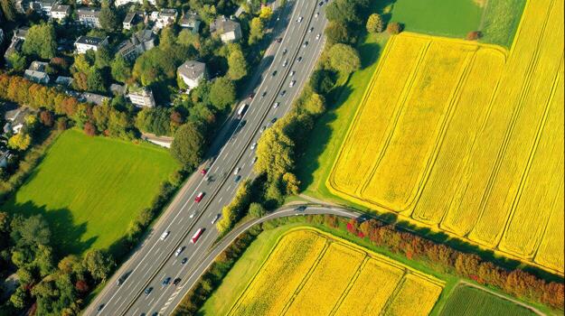Aerial view of highway with vehicles and fields of crops in a landscape photo