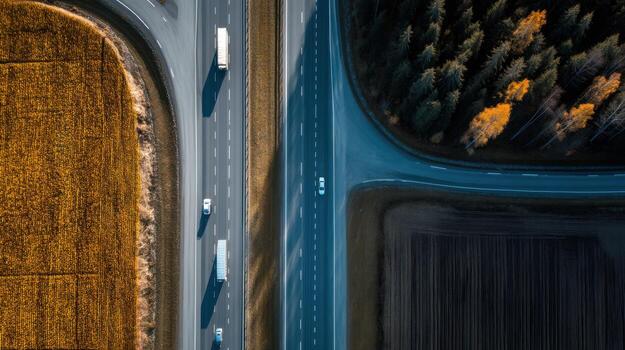 Aerial view of highway with vehicles running alongside fields and forest photo