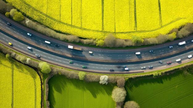 Aerial view of road through vibrant yellow fields with moving vehicles photo
