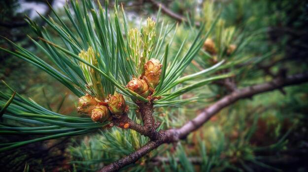 Close up of a pine branch with needles and buds in a natural setting photo