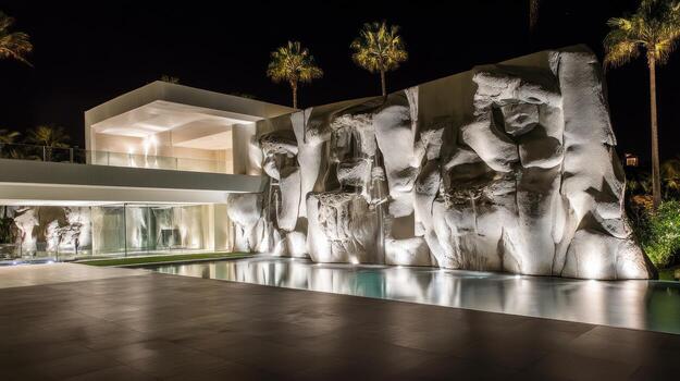 Modern illuminated architecture with water feature at night exterior view photo