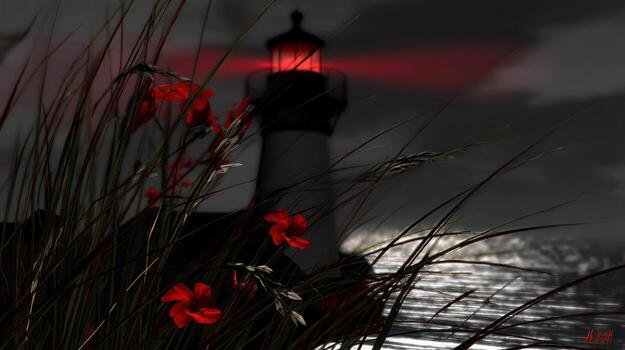 Lighthouse at night with red light and floral elements photo