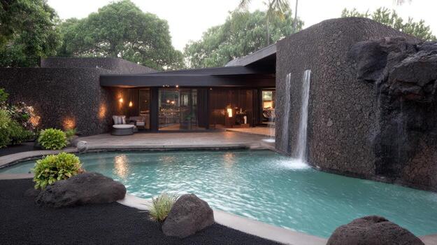 Modern home with pool and waterfall feature in natural environment photo