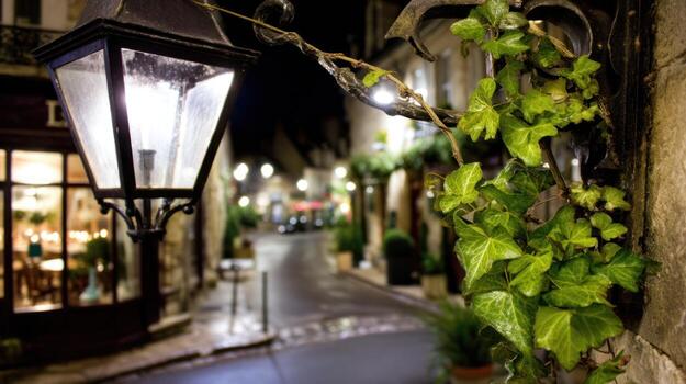 Nighttime street scene with lantern and climbing ivy storefronts in background photo