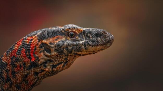 Close up of a reptile with detailed skin texture against a blurred background photo
