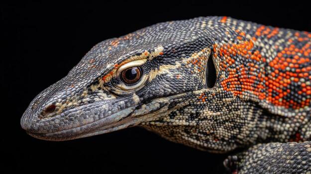 Close up of a colorful lizard against a solid black background photo