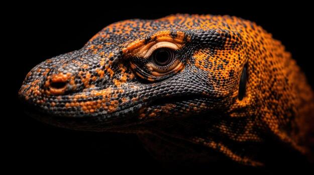 Close up of a komodo dragon head with detailed scales and orange patterns photo