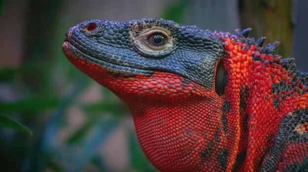 Detailed close up of a red and blue lizard against a blurred background photo
