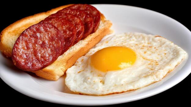 desayuno comida presentando frito huevo y salchicha en brindis con un blanco plato foto