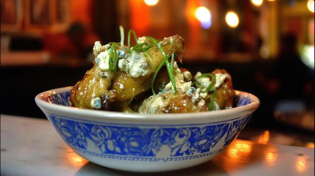 Delicious chicken wings in a blue and white patterned bowl with toppings photo