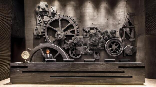 Mechanical gear and reception desk - with employee portrait photo