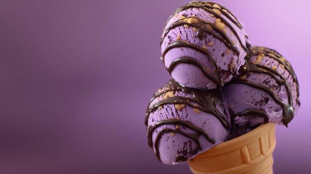 Delicious ice cream cones with chocolate drizzle on gradient background photo
