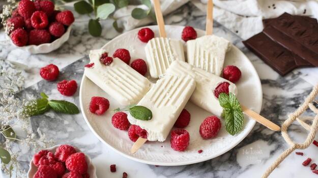 Refreshing raspberry ice pops on plate with fresh fruit and mint photo