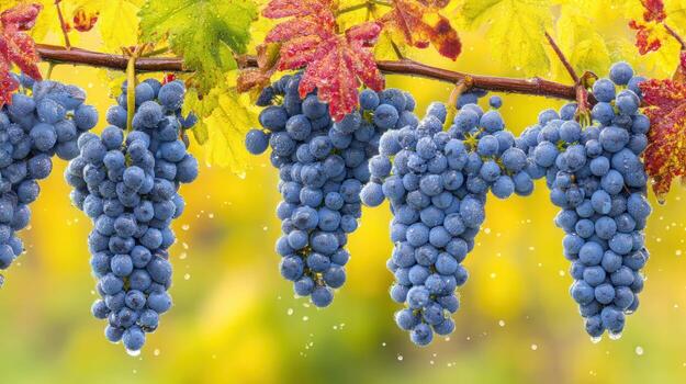 Close up of ripe grapes hanging on the vine with colorful autumn leaves photo