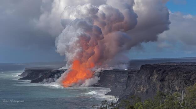 Dramatic volcanic eruption lava flowing into ocean with steam and clouds photo