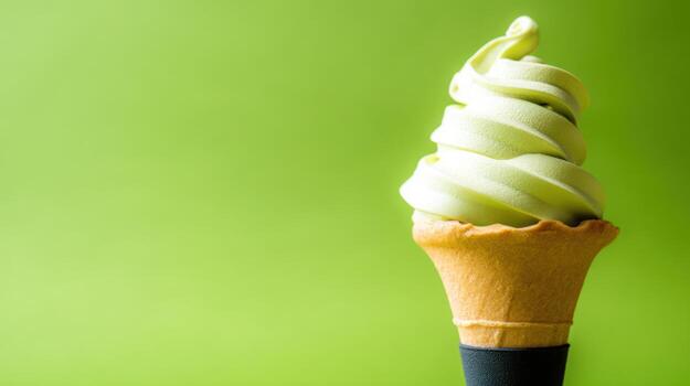 Fresh ice cream cone swirl on green background copy space summer treat photo