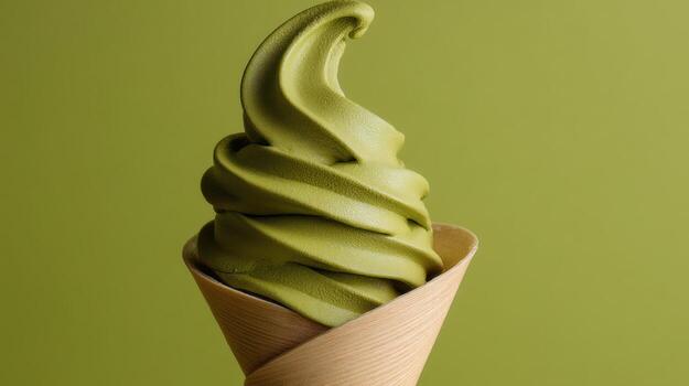 Green matcha soft serve ice cream in cone against a matching green background photo