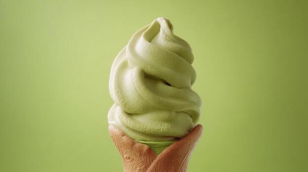 Close up of matcha green tea soft serve ice cream in a waffle cone photo