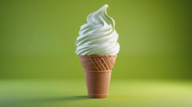 Creamy soft serve ice cream cone on green background studio shot photo