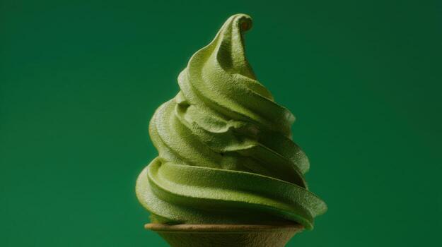 Vibrant green soft serve ice cream swirl on a cone against green backdrop photo